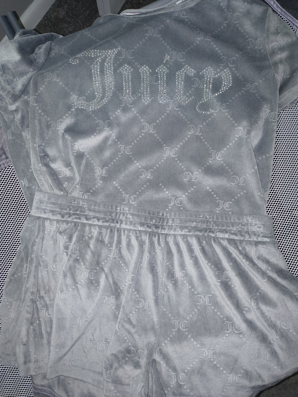 Juicy Couture Silver Gray Velour Logo Romper with Crystal 'Juicy' Back